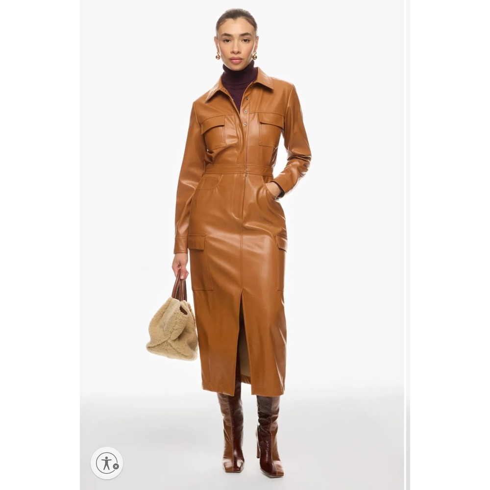 MARISSA WEBB Front Slit Shirt Dress Faux Leather Utility‎ Midi Long Sleeve Sz 6